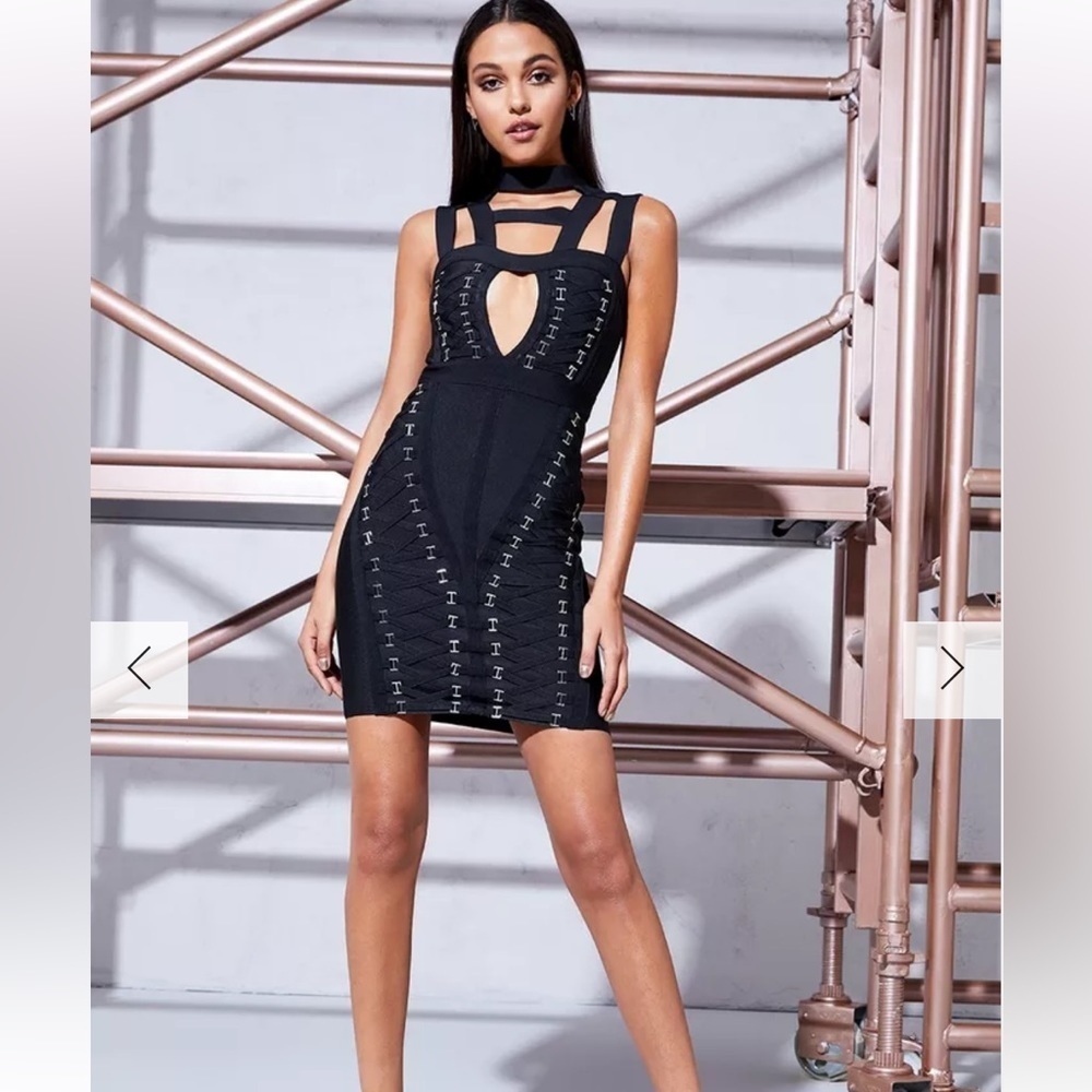 Boohoo Premium Helen Cage Neck Bandage Bodycon Black Dress NEW size 6